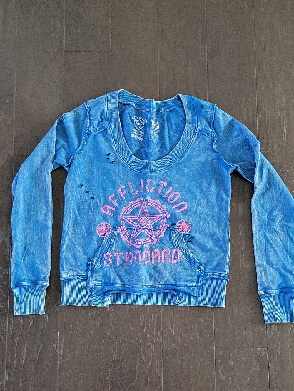 Vintage Affliction Washed Blue Sweatshirt with Pink Star Graphic